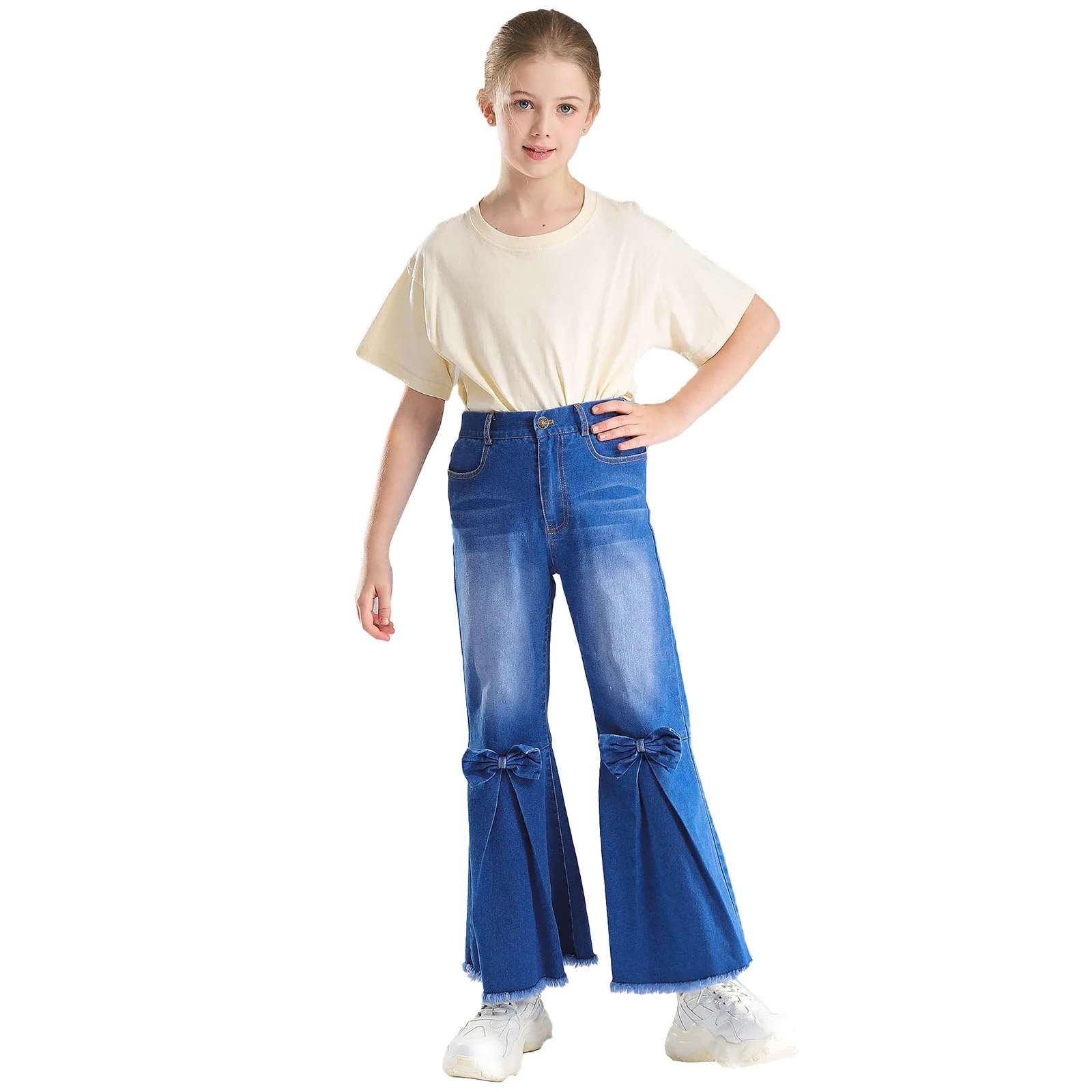 

ZDHoor Kids Girls 6 to 16 Years Flared Jeans High Waist Fashion Bell-Bottom Raw Hem Denim Pants Cute Bowknot with Pockets