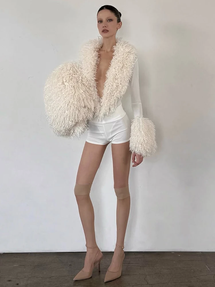 Nibber Fashion Furry Patchwork 2 Piece Set Women Sexy Deep V-Neck Full Sleeve Top+Bike Short Midnight Elegant Activity Suits