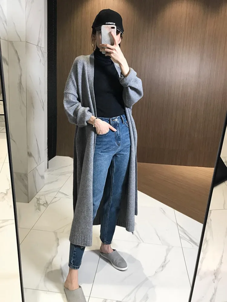 한국판 100% 캐시미어 가디건, 루즈한 롱 무릎 위 네트워크, 레드 스웨터 코트 니트웨어, 가을 겨울 신상