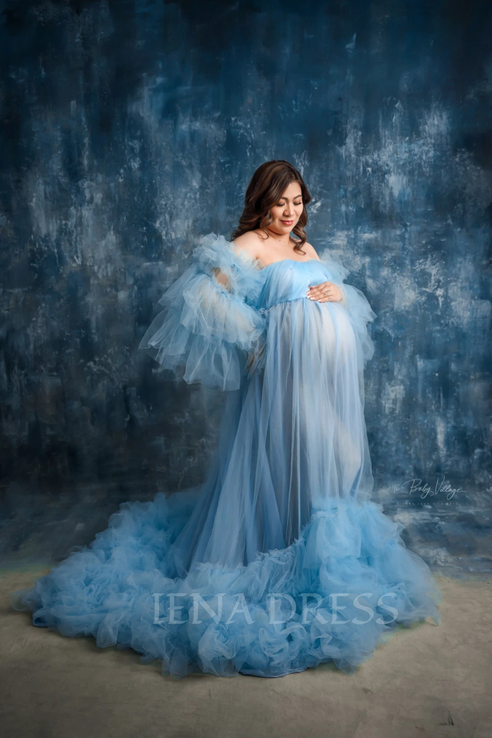 

Elegant Sage Green Tulle Maternity Dress with Detachable Puff Short Sleeves for Photoshoot Off Shoulder Open Belly Photo Gown