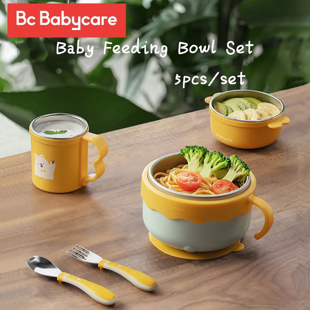 BC Babycare 5pcs Baby Tableware Set Keep Warm Anti-scalding Stainless Steel Feeding Bowl+Spoon Fork+Cup Set Sucker Dinner Dishes