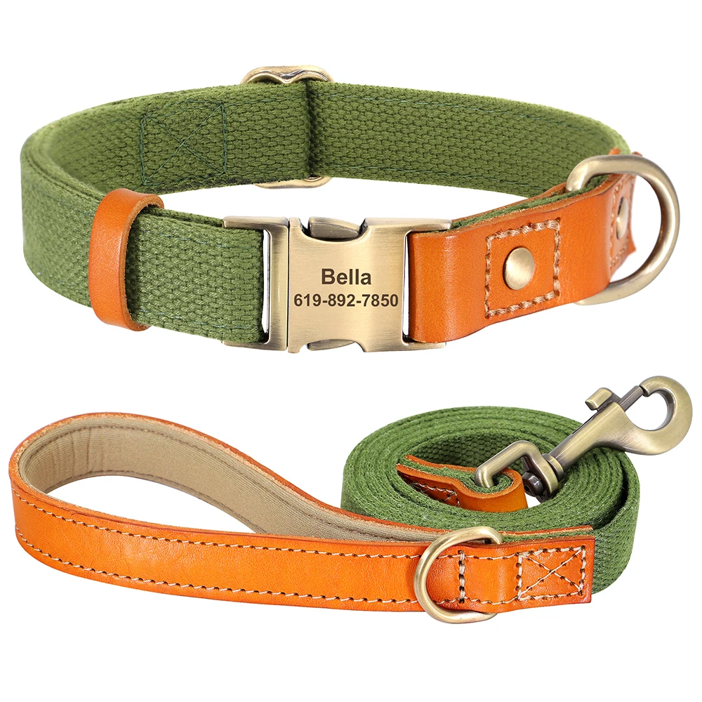 Dog Collar Real Leather Nylon Dog Collars and leash Set Durable Adjustable ID Collars for Small Medium Large Dogs - PeticaDeals