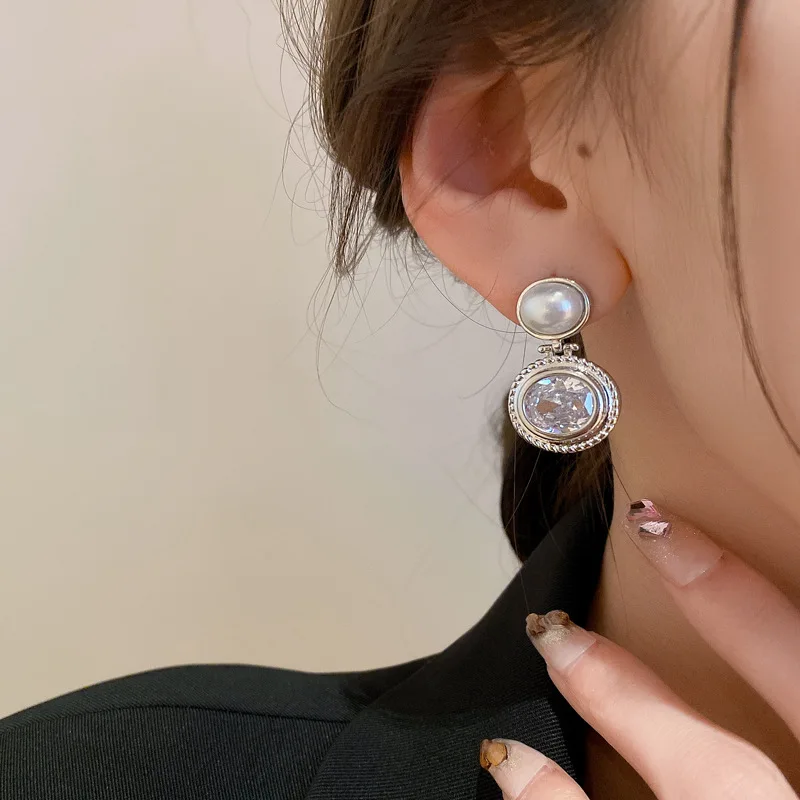 S3437 Geometric Ellipse Faux Pearl Zircon Shinning Dangle Earrings For Women S925 Silver Needle Stud Earrings