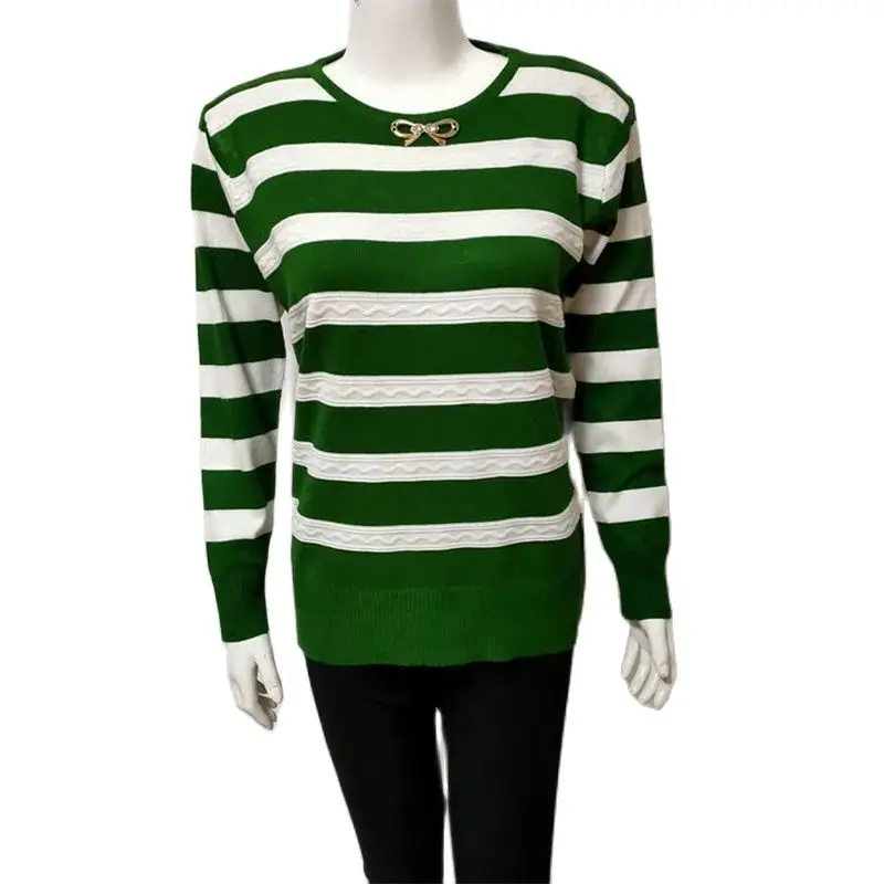 

2023 Spring Autumn Women Stripe Knitted Sweater Long-sleeve O-neck Slim Lady Short Pullover Tops Female Base Sweaters Jumpers