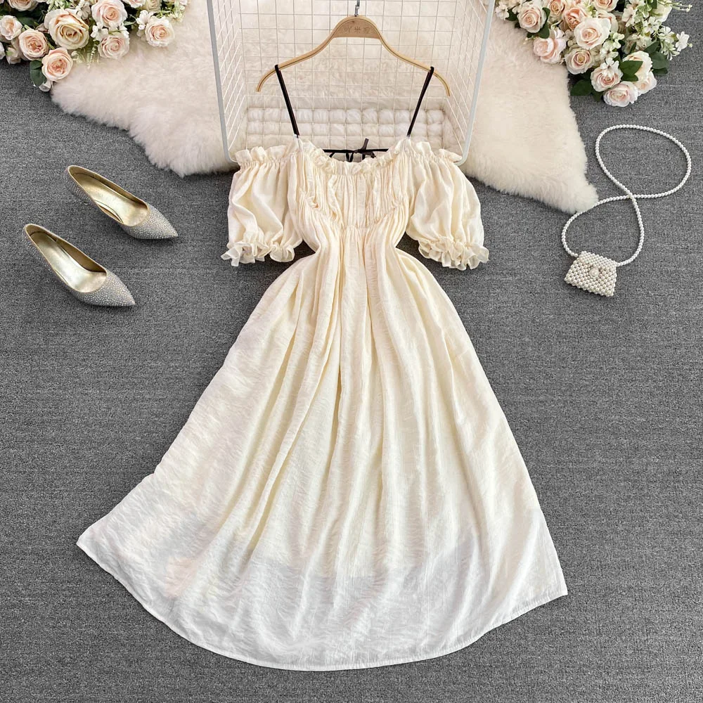 

French First Love Suspender Dress 2022 Summer Fashion Super Fairy One-shoulder Off-shoulder Waist Slimming A-line Dress