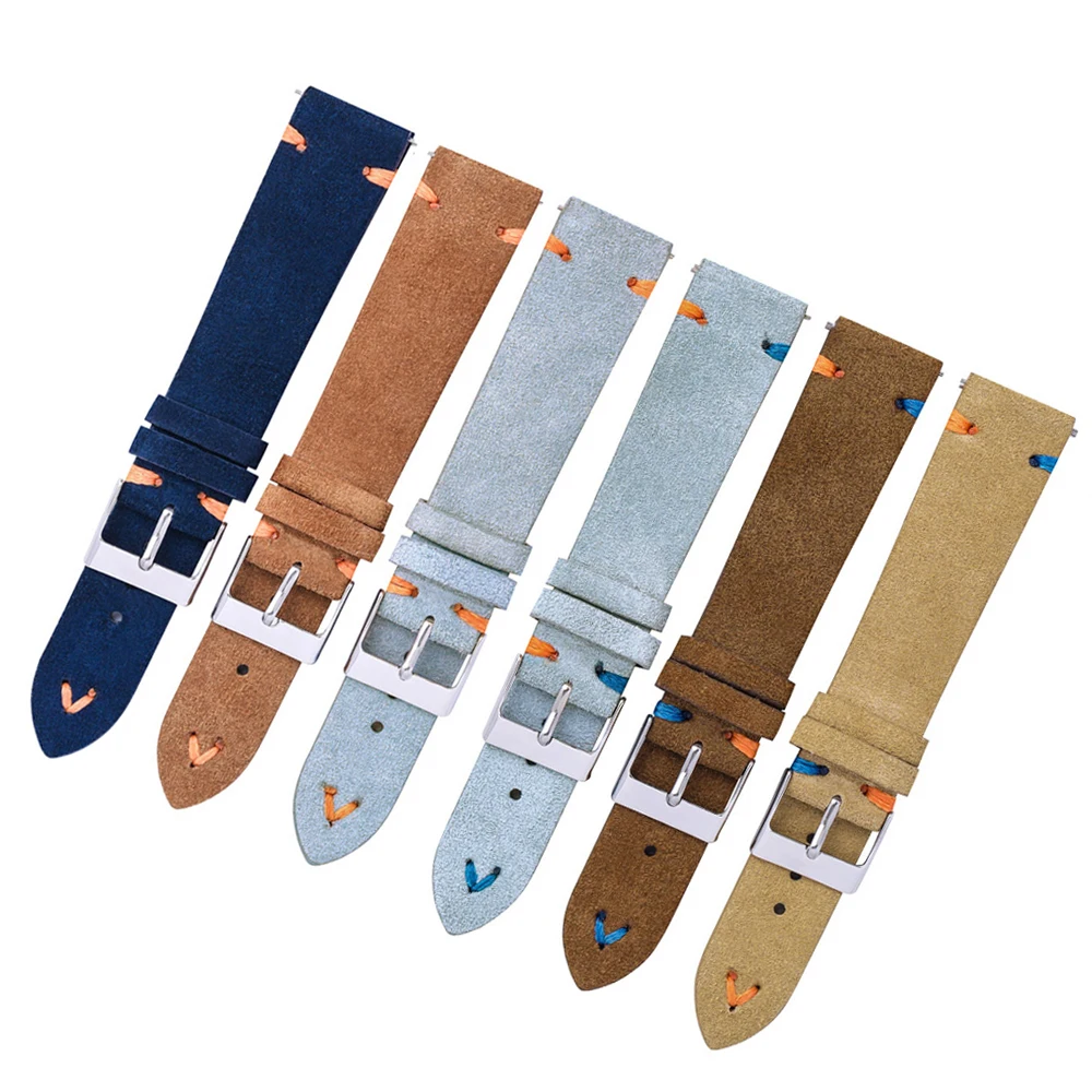 Luxurious Hand-Stitched Suede Leather Watch Straps in Beige, Green, and Blue with Quick Release