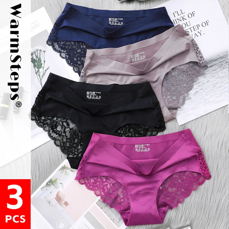 WarmSteps 3Pcs/Set Women's Panties Glossy Silk 4XL Plus Size Underwear Sexy  Lace Brief Sweet Lace Tanga Female Intimate Lingerie - AliExpress