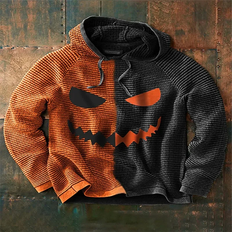 Halloween Pumpkin New Digital Printing Men's Hoodie Autumn Sewn Ribbed Men's Top Winter Pullover Long Sleeve Loose Hooded Shirt