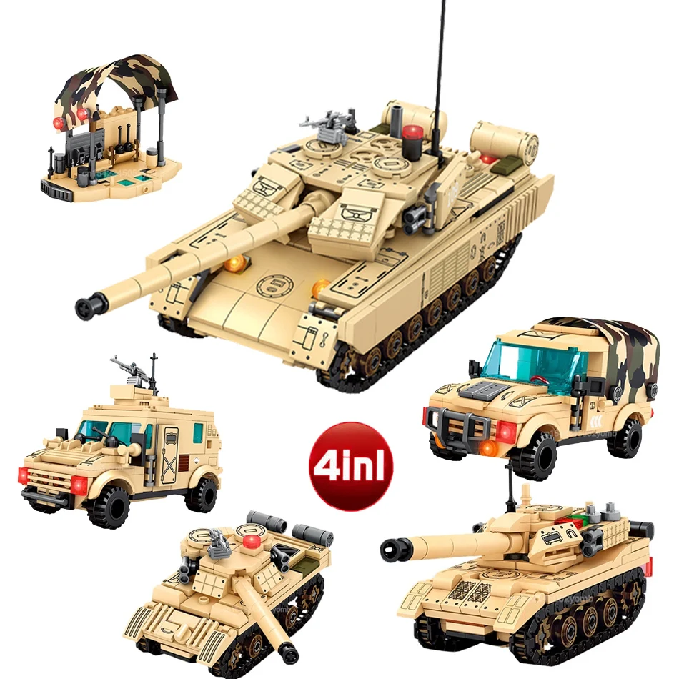

4IN1 Type 15 Light Tank Building Blocks 877PCS Jeep Military Transporter Bricks Kids Educational Toys Boy Gift