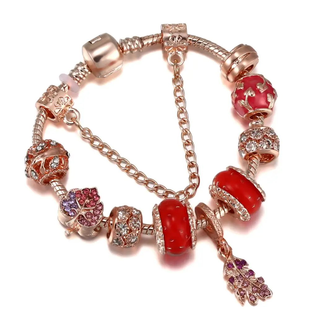 

Women's Jewelry Gifts Sparkling Rhinestone Beads and Feather Pendant Rose Gold Delicate Bracelet diy Gradient Maple Leaf Beads