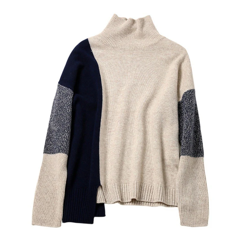 Women's Turtleneck Sweater Color Contrast 2021 Autumn Winter Warm Pullover Sweater For Women Loose Soft Knitted Sweaters Female brown cardigan