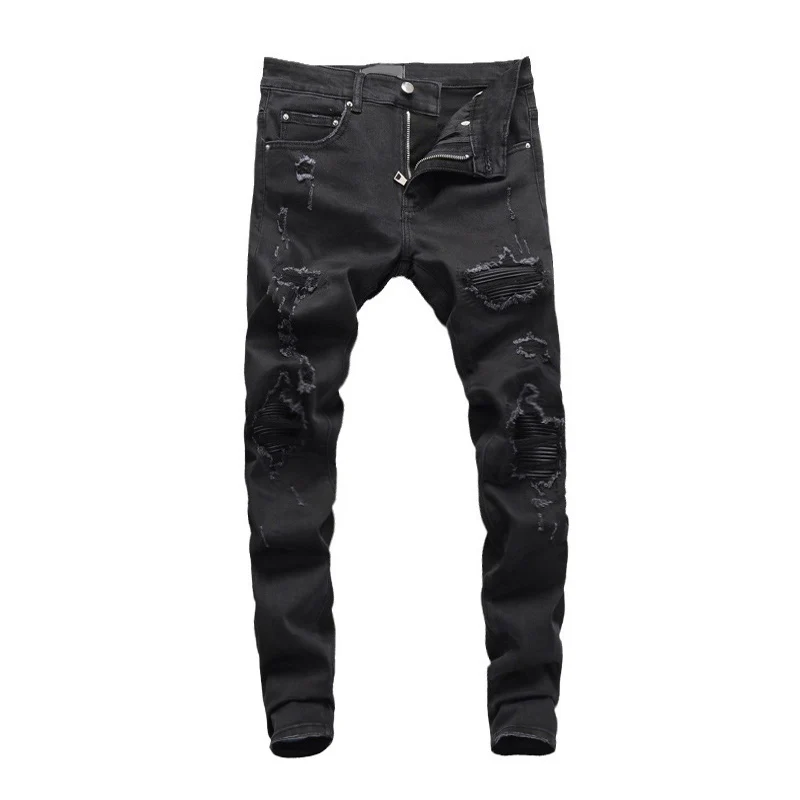 Street Fashion Men Jeans Black Stretch Skinny Fit Ripped Jeans Men Punk Trousers Leather Patched Designer Hip Hop Brand Pants