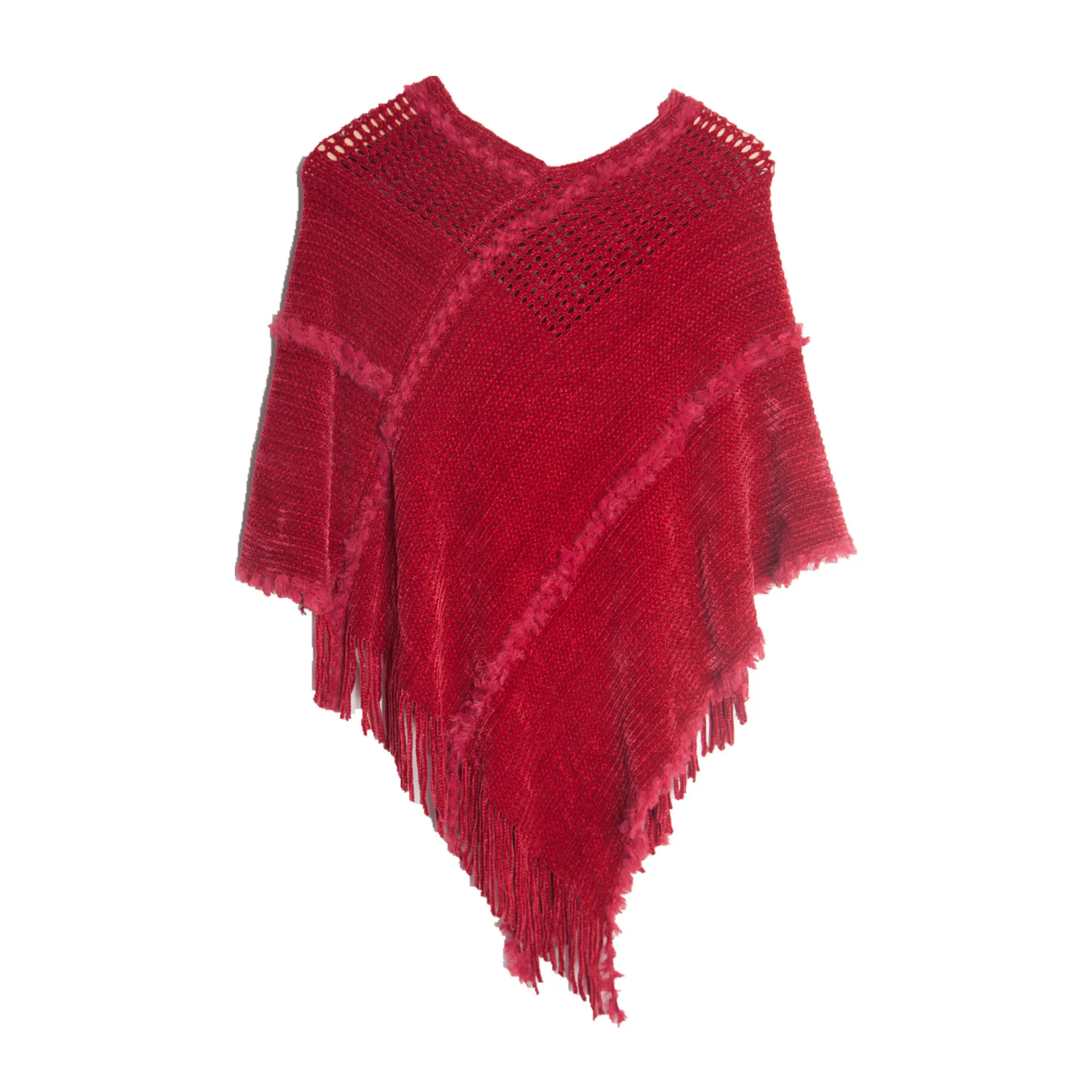 spring autumn new v neck pullover cape tassel knitted shawl women poncho lady capes pink cloaks Spring Autumn Pullover Shawl Knitwear Hollow Knitting Tassel Shawl Women Poncho Lady Capes Red Cloaks