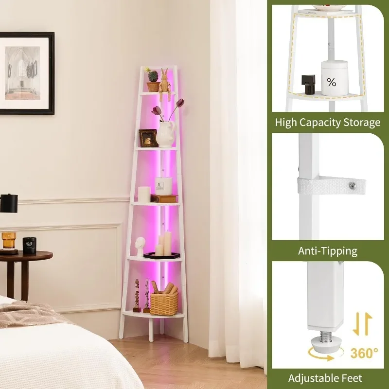Corner Shelf Stand, 5-Tier Bookshelf with LED Light Corner Shelves for Bedroom, Tall Book Shelf with Steel Frame
