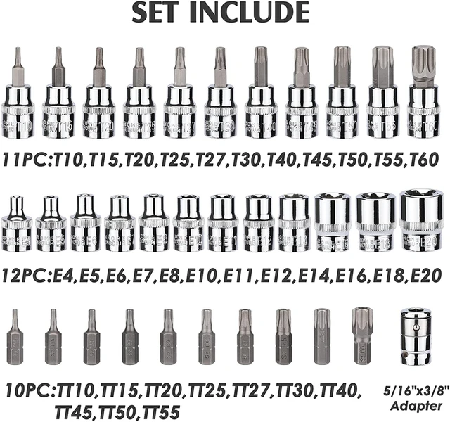 Douilles et embouts Torx T mâle + E femelle, 1/4 + 3/8 + 1/2