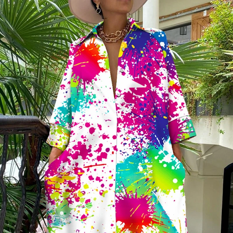 Women Jumpsuits Graffiti Print Loose Cross-Pants Jumpsuits Women Long Sleeve Single Breasted Turn-down Collar Straight Jumpsuits