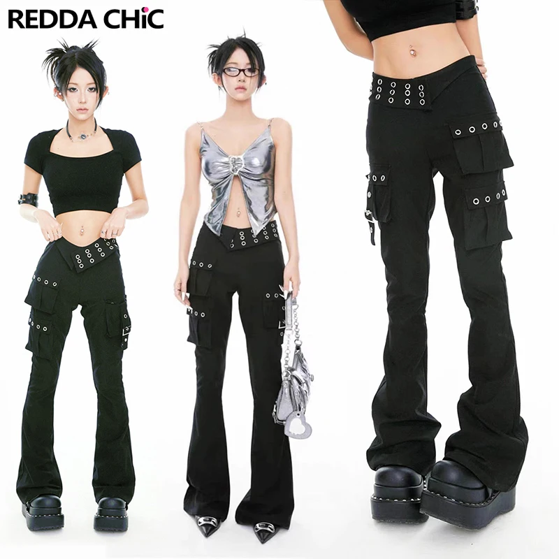 

REDDACHiC Women Big Pockets Cargo Pants Solid Black Trousers Asymmetric High Rise Slim Bodycon Bell Bottoms Korean Acubi Fashion