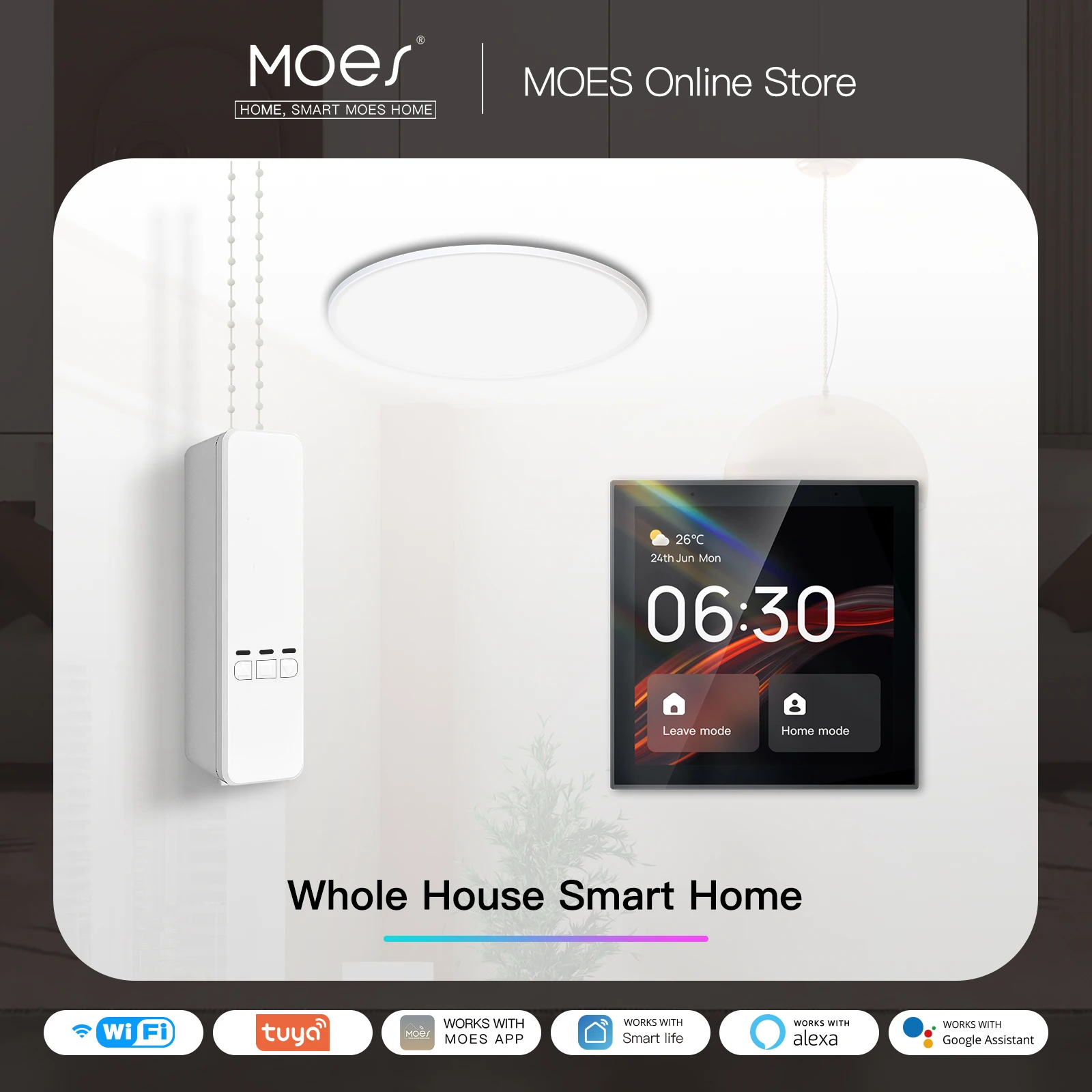 MOES 투야 스마트 알렉사 내장 센터 보이스 컨트롤패널, 오버 커튼 모터, 체인 롤러 블라인드, 천장 조명, 초박형 램프