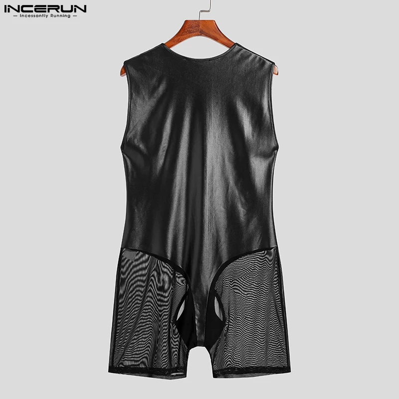 INCERUN Men Bodysuits Mesh Patchwork Sexy See Through Zipper Homewear Sleeveless Rompers Pajamas Men Bodysuits S-5XL 7