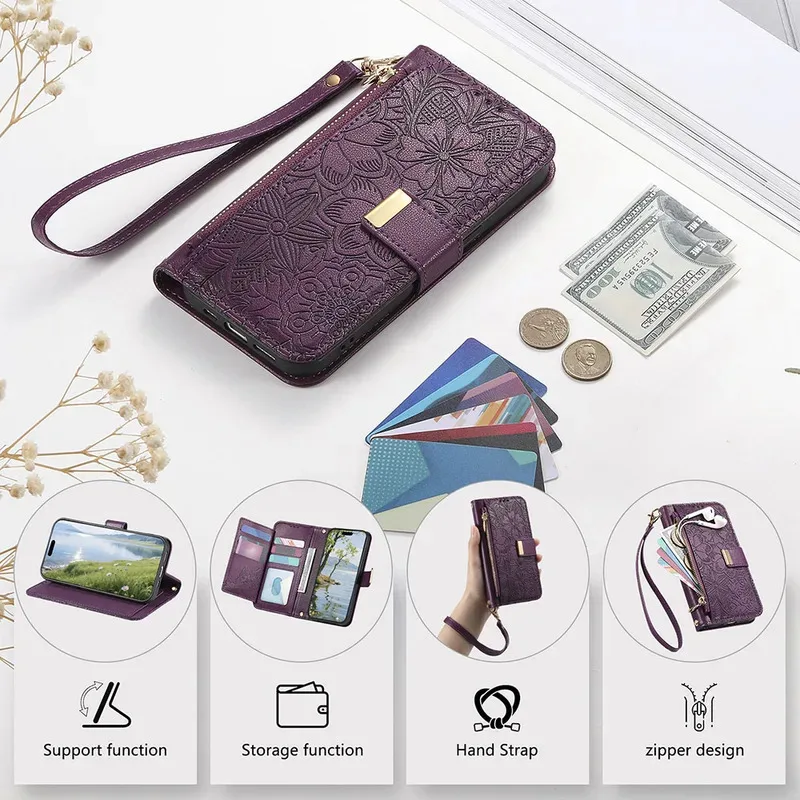 Zipper Wallet Flip Case with Card Holder and Wrist Strap