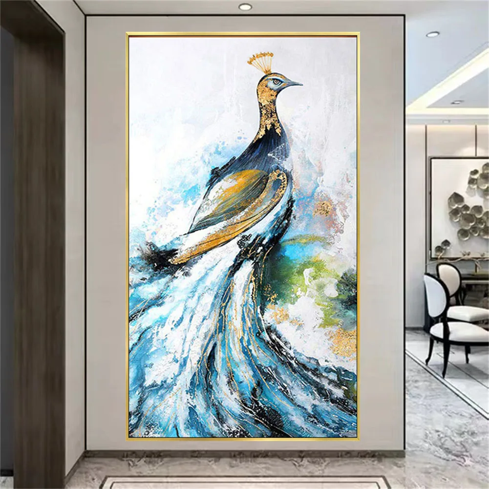 

Handmade Blue And Gold Peacock Oil Painting Abstract Animal Canvas Art Picture Symbol Of Wealth Bird Image For Home Wall Decor