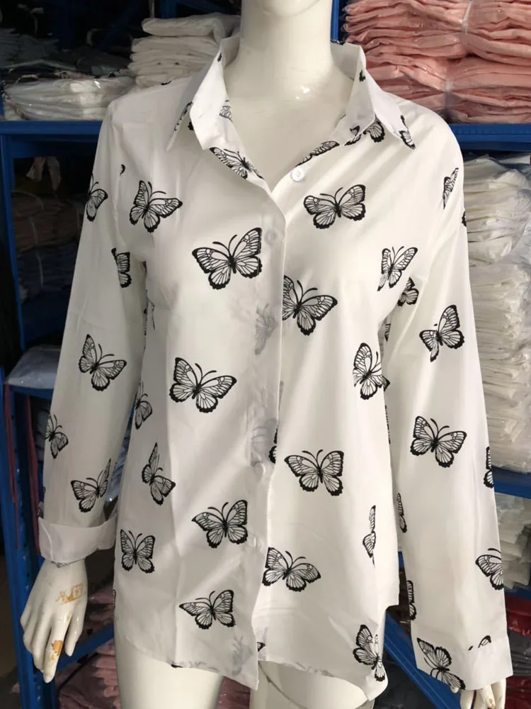 Women Butterfly Print Long Sleeve Blouse Summer Tops