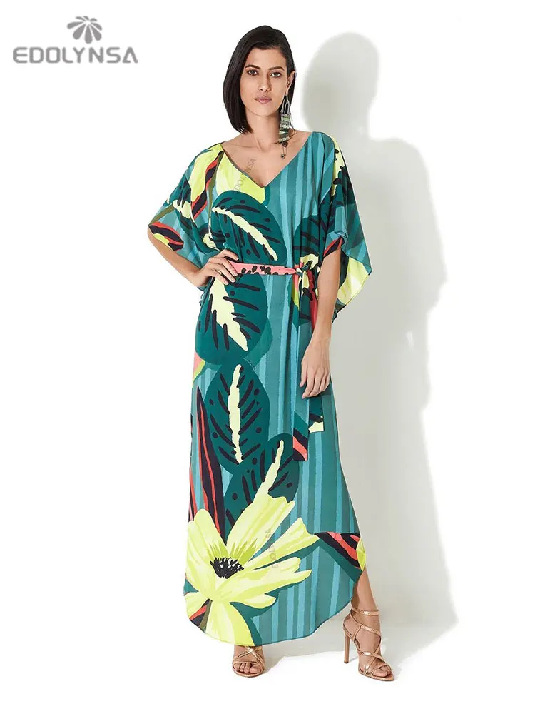 

2023 Quick-drying Bohemian Printed Summer Women Beachwear Kaftan Long Beach Dress Cotton Tunic Maxi Dresses Q935
