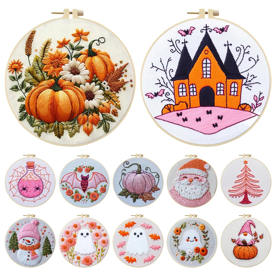 Halloween Cross Stitch Embroidery Kit with Hoop
