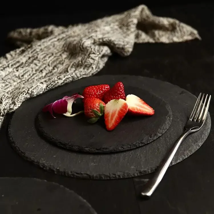 Black Stone Round Natural Slate Western Steak Plates Slate Dinner Plate Kitchen Cheese Pizza Flat Fruit Tray Plate for Wedding