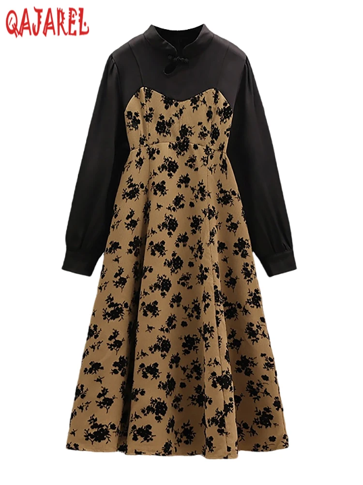 

Autumn Winter Black Patchwork Floral Casual Long Dress 2024 Korean Vintage Luxury Vestidos Prom Women Elegant Bodycon Chic Dress