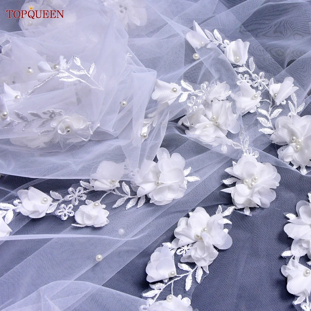Bridal Veil TOPQUEEN V52 3D Flowers Wedding Veil with Pearls Bridal Veils Long Train Bridal Shower 3 Meter Veu de Noiva
