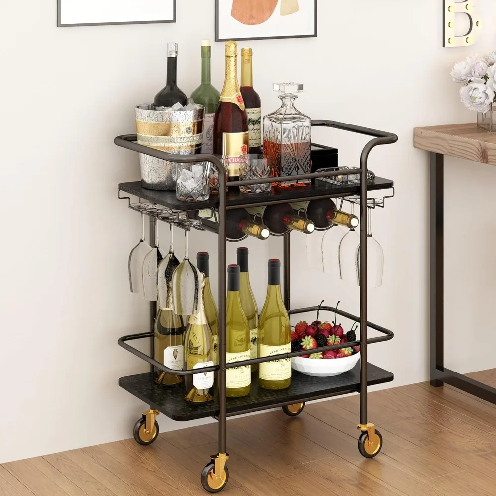 

Wisdom Star 2 Tier Bar Cart with Wheels, Serving Cart with Wheels and 2 Handle, Outdoor Bar Cart for The Home with Wine Rack