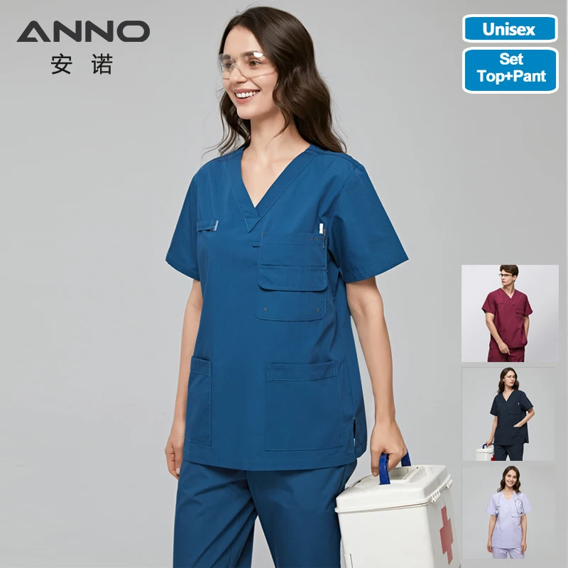 ANNO Multiple Pockets Scrubs Set Work Uniform Hospital Classic Form Foctor Woman Man Nursing Wear Dental Clothing