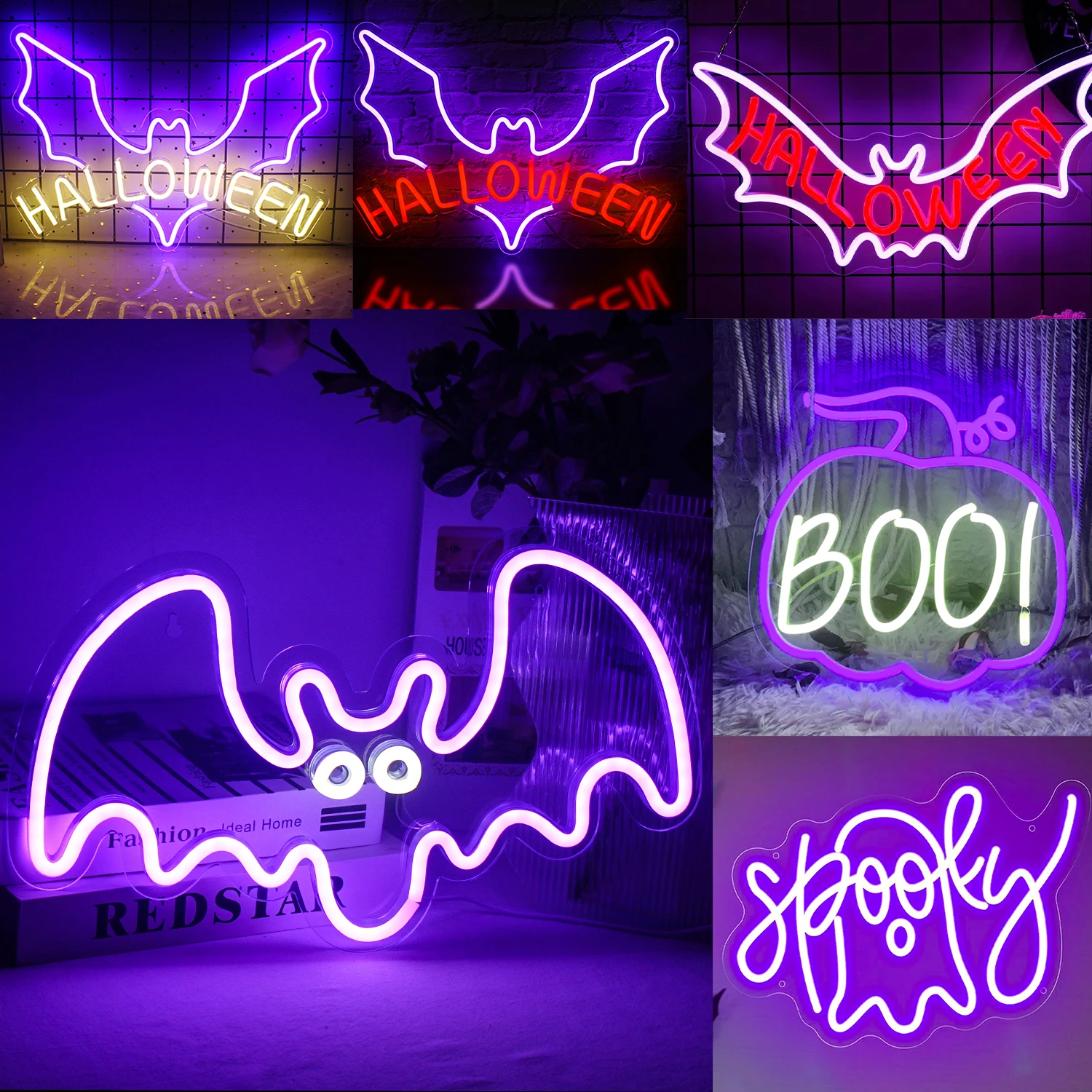 ネオンサイン付きのハロウィーンLEDライト,バット,紫,USB電源,壁