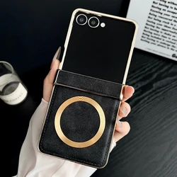 Electroplated Leather Magnetic Case with Hinge Protection for Galaxy Z Flip5 (Black)