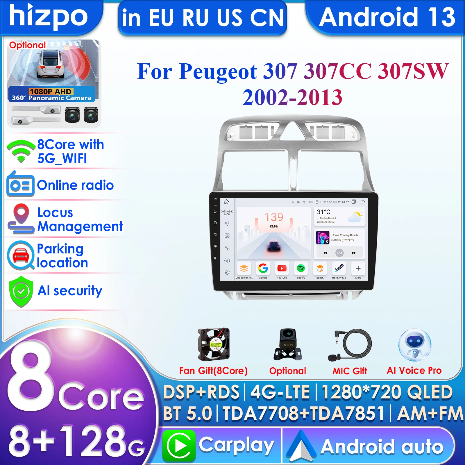 Autoradio 9 Pollici Android 15 Per Peugeot 307 307CC 307SW (2002-2013) - 8 Core 2+64G Con Wireless CarPlay E Android Auto