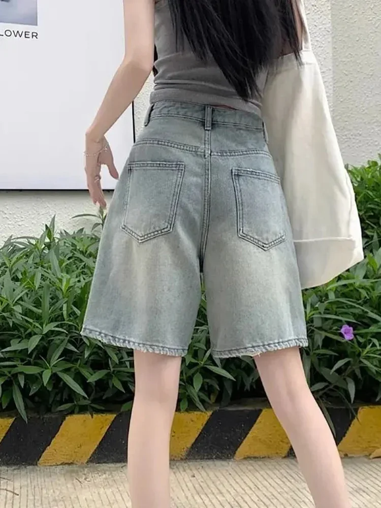 Fashionable Distressed Design Sweet and Spicy Girl Casual Summer Street Wear Y2k Women's Retro High Waisted Loose Denim Shorts