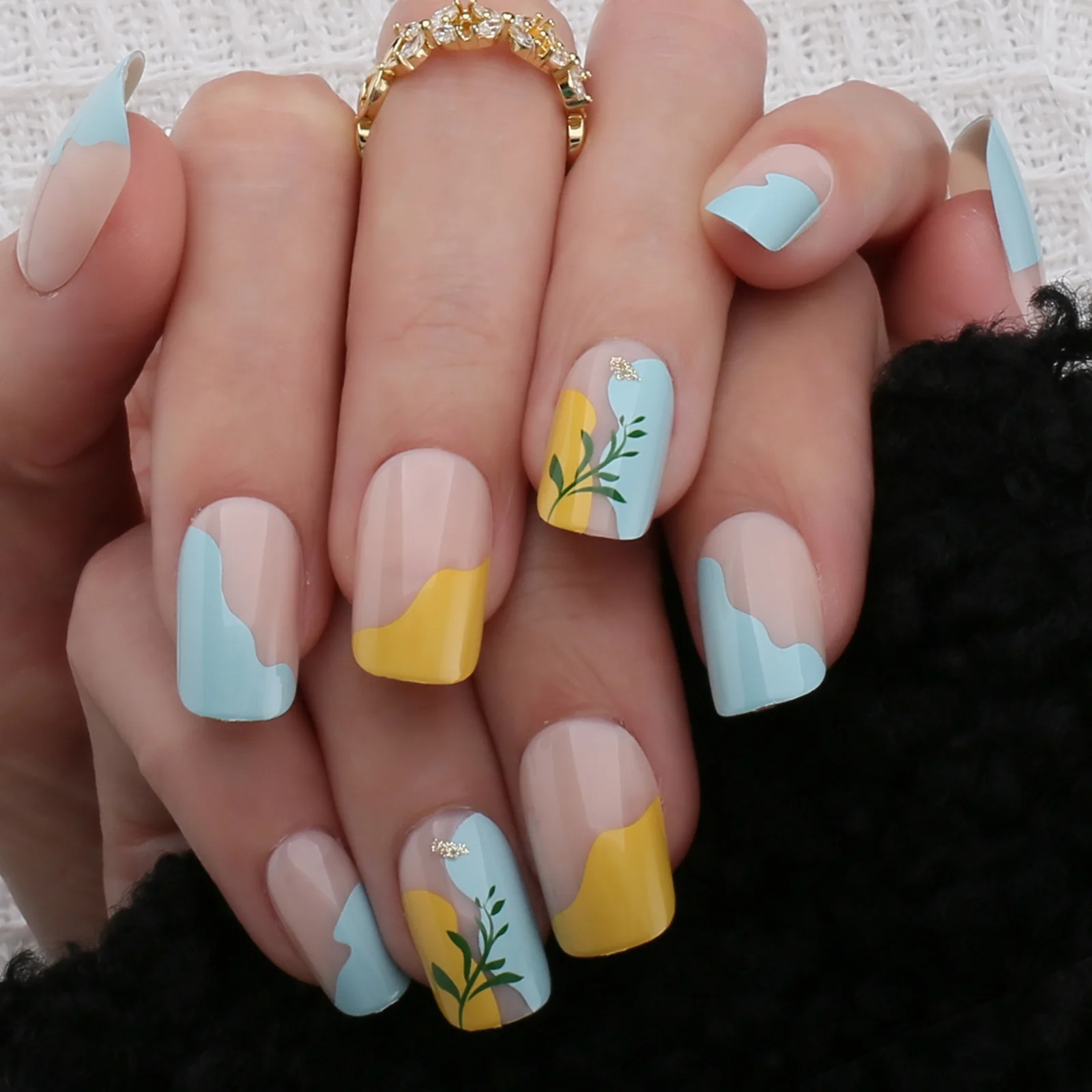Baby Blue French Square Press On Nails Uv Unghie Finte Glossy Nude Medium Natural Acrilico Nails Yellow Summer Swirl Art Nails