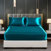 Summer Luxury Satin Silk-like Bed Sheet Set (Flat Sheet + Fitted Sheet + Pillowcase) Solid Color Mattress Cover Twin Full Queen 2