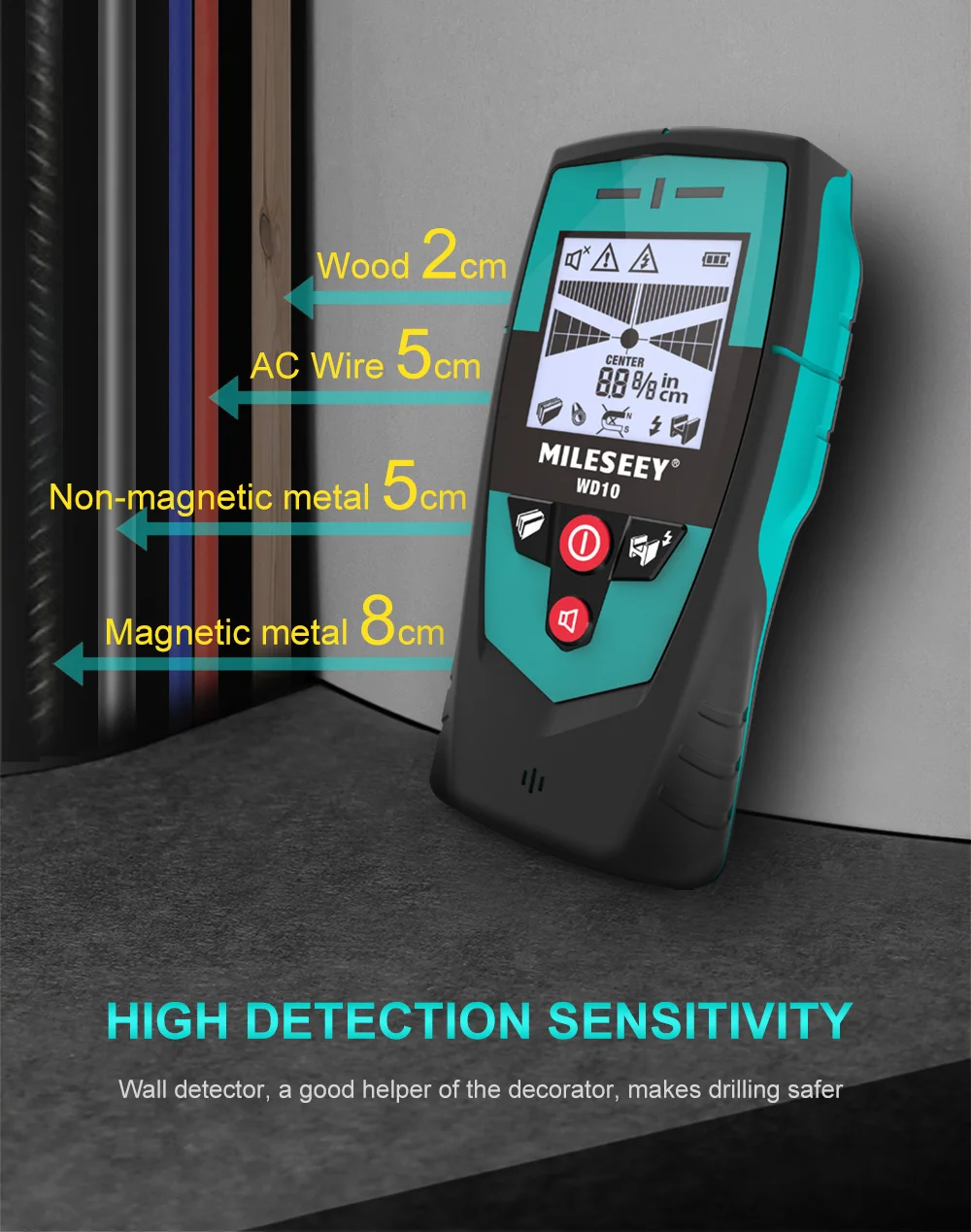 Mileseey Multifunction Wall Detector Scanner with LCD Display and Beep Alert for Metal and AC Wire Detection