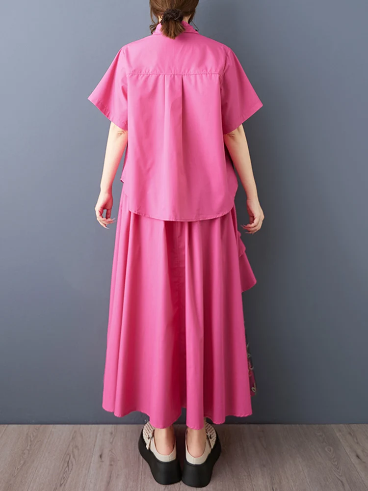 Embroidery Patchwork Summer Casual 2 Two Piece Set Short Sleeve Loose Blouse Women Shirt Top Fashion Clothing Skirt Suit 2025