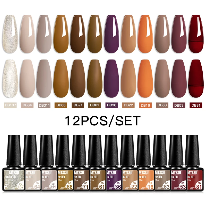 

Mtssii 10/12Pcs Earth Brown Autumn Red Color Collection Nail Gel Polish Soak Off UV Varnish Full Coverage Gel Nail Manicure