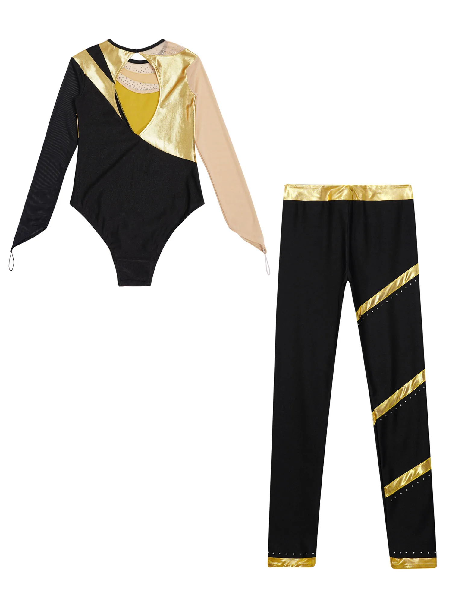 Kids Girls Shiny Rhinestones Gymnastics Outfits Long Sleeve Leotard Bodysuit with Long Leggings Pants for Skating Performance