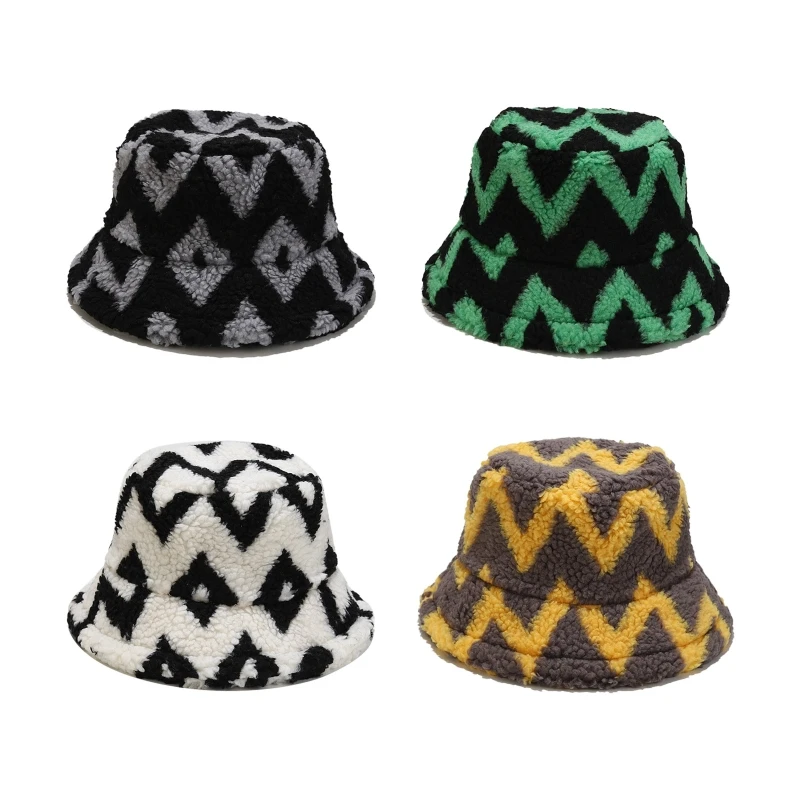 

Color Matching Polyester Fisherman Hat Pattern Patter Bucket Hat Warm Fuzzy Winter Plush Fisherman Cap Unisex