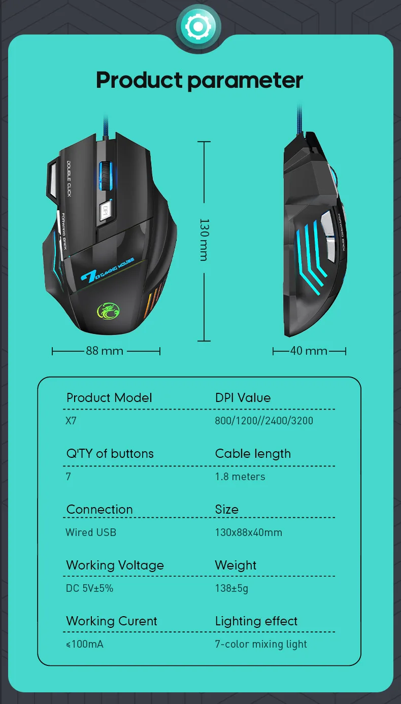 Seitsme nupuga arvutihiir mängurile, musta tooniga, sinise valguse efektidega, 130x88x40 mm mõõtmetega ja 1.8 meetri pikkuse USB-kaabliga.