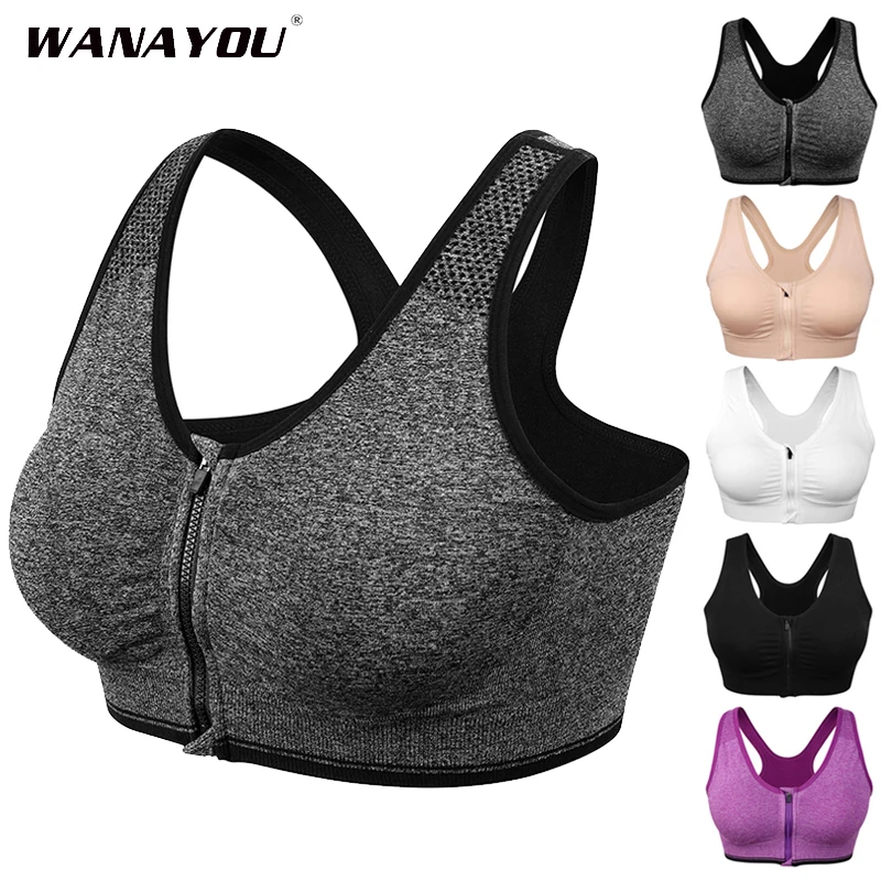 wanayou Women's Zip Front Sports Bra Wireless Post-Surgery Bra Zipper  Closure Racerback Yoga Sports Bras