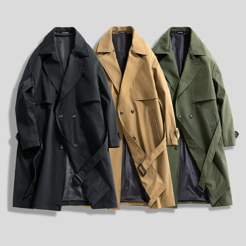 Mens Long Trench Coat Military Green Slim Fit Double Breasted Notched Lapel Jacket Windbreaker Spring Autumn Casual Outdoor Coat