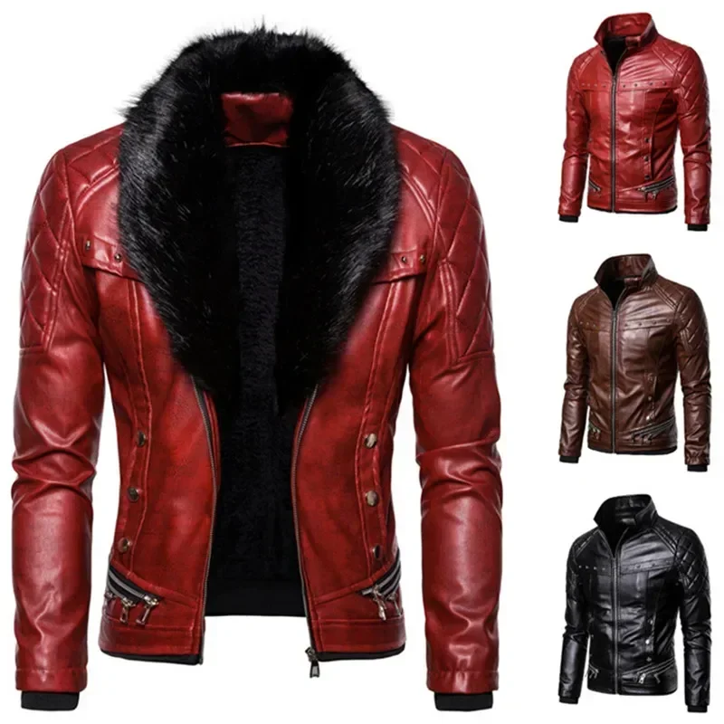 Men's Autumn Suede Collar Removable Slim Fit Men's Warm Pu Jacket Motorcycle Bomber Jacket Wool Leather EUR 2XL leather jackets men winter jacket