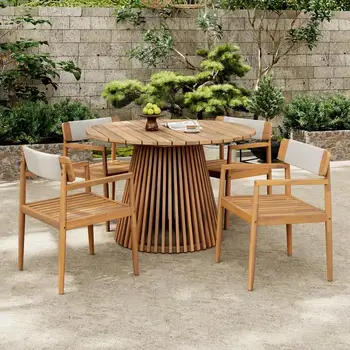 Outdoor Acacia Wood Patio Furniture Set - Braided Chairs & Dining Table for Garden, Patio & Deck (Teak Finish & White Rope) 1