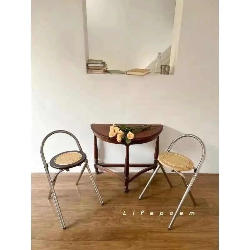 Folding Chair Solid Wood Rattan Woven Backrest Chair Household Folding Stool Antique Stainless Steel Dining